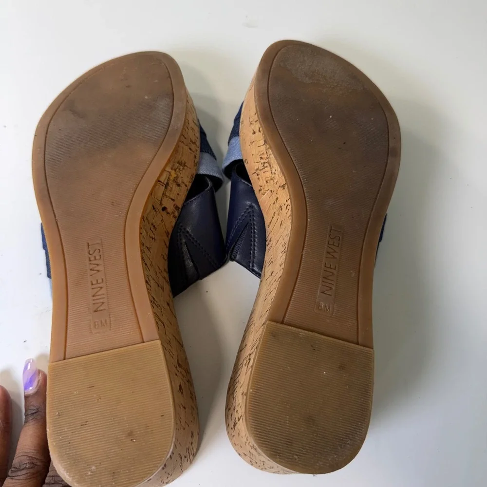 Nine West Xach Aryo Blue Denim Cork Wedge Platform Sandals Womens‎ 8M